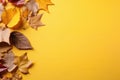 Autumn leaves on a yellow table top view