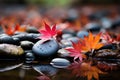 Autumn leaves and zen stones with reflection in the water. Generative AI Generative AI Royalty Free Stock Photo