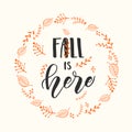 Autumn lettering calligraphy phrase - Fall is here. Invitation Card with wreath and Hand made motivation quote. Sketch, Vector