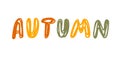 Autumn lettering isolated on white background. Hand drawn lettering text. Simple childish spelling of letter. Festive