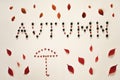 Autumn letters with berries and frame made of colorful leaves on beige background.