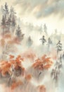 Autumn light in the mountain mist watercolor landscape Royalty Free Stock Photo