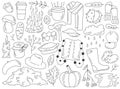 Autumn linear doodle with clothes outwear, holiday food snack, drinks, weather element set