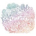 Autumn linear postcard. Multicolor gradient. Doodle fall card with word autumn, floral elements, rain cloud and drops, tree fall