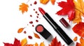 Red Lipstick with Autumn Leaves and Petals Royalty Free Stock Photo