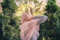 Autumn. Lonely muslim woman in a headscarf walking in a park, garden. Vintage Toned.