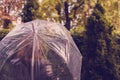 Autumn. Lonely sad woman under a transparent umbrella with rain drops walking in a park, garden. Rainy day landscape. Royalty Free Stock Photo