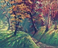 Autumn magic forest landscape painting art by oil on canvas, beautiful nature park artwork illustration, fantasy sunlight, colored