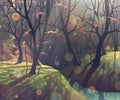 Autumn magic forest landscape with river, fantasy sunlight, colorful red, orange and yellow leaves, beautiful trees and hills Royalty Free Stock Photo