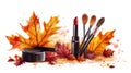 Autumn Makeup Essentials Red Lipstick, Brushes, And Fall Maple Leaves Royalty Free Stock Photo