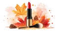 Autumn Makeup Collection Red Lipstick, Brush, Pine Cones, and Maple Leaves Royalty Free Stock Photo