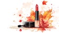 Autumn Makeup Beauty Red Lipstick and Mascara with Falling Maple Leaves Royalty Free Stock Photo
