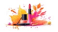 Autumnal Makeup Collection Lipstick, Mascara, Nail Polish with Falling Leaves Royalty Free Stock Photo