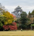 Autumn maple color of Korakuen garden and Okayama castle in Okayama, Japan