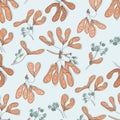 Autumn maple floral bloom and foliage leaves pattern. Natural plant illustration. Garphic pastel background. Seaso