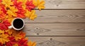 Autumn Maple Leaves Bordering a Cup of Coffee on Wooden Planks fall Royalty Free Stock Photo