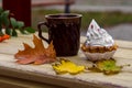 Autumn, maple leaves, mug, tea, cake basket