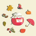 Autumn marmalade jar with autumn items around like pumpkin, umbrella, rainy boots, rose hip and leaves. Vector illustration on lig