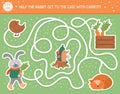 Autumn maze for children. Preschool printable educational activity. Funny fall season puzzle with cute woodland animal. Help the