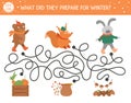 Autumn maze for children. Preschool printable educational activity. Funny fall season puzzle with cute woodland animals and