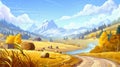 An autumn meadow landscape, rural yellow field with a dirt road, a river, hay stacks, and mountains at horizon. Farmland Royalty Free Stock Photo