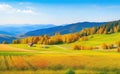 Autumn meadows, fields against the background of mountains