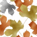 Autumn metallic gold copper silver leaves seamless pattern. Fall metallic paint grape vine leaves on white background.