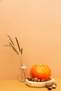 Autumn minimalistic still life with pumpkin and dried field spikelets.