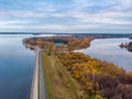 Autumn Minsk sea in the mornig. Drone aerial photo