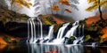 Autumn misty forest waterfall landscape