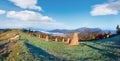 Autumn misty morning mountain ridge panorama Carpathian , Ukraine