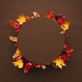 Autumn mockup banner. Empty brown paper podium decorated with colorful autumn leaves on brown background.