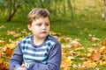 Autumn mood. The boy is thoughtfully drawing something in his notebook.Autumn portrait of a child in yellow foliage. Sight. Cute Royalty Free Stock Photo