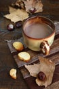 Autumn mood: chestnuts, leaf litter and slice of baguette