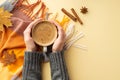 Autumn mood concept. First person top view photo of young girl`s hands in pullover holding cup of frothy coffee over plaid Royalty Free Stock Photo