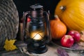 Autumn mood concept. Selective focus on the gas lamp.