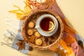 Autumn mood concept. Top view photo of wicker tray with cup of tea on saucer cookies anise fallen maple leaves pine cones and Royalty Free Stock Photo