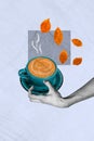 Autumn mood conceptual picture collage fresh latte good morning taste hot coffee cup golden leaves isolated on grey