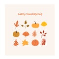 Autumn mood greeting card with cute leaves, pumpkins poster template