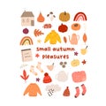 Autumn mood greeting card small autumn pleasures with house, sweater, pumpkin, book, mushroom