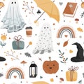 Halloween vector pattern. Cute ghosts, bats and witch hat, spider web, candy, black cat, pumpkins, bones and mushrooms Royalty Free Stock Photo