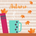 Autumn mood leaves a cup and a book Royalty Free Stock Photo