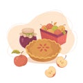 Autumn mood: a pie, a basket of apples, a jar of jam. Vector illustration Royalty Free Stock Photo