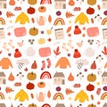 Autumn mood seamless pattern with cozy pleasures, sweaters, socks, books, pumpkins