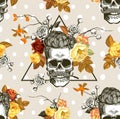 Autumn mood. Seamless pattern with the skulls, flowers and leaves in the background. Skull silhouette in engraving