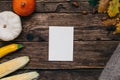 Autumn mood: white empty present card , pumpkins and corn with yellow leaves on a wooden background