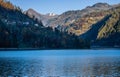 Autumn morning alpine Dolomites mountain lake Alleghe, Belluno, Sudtirol, Italy Royalty Free Stock Photo