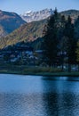 Autumn morning alpine Dolomites mountain lake Alleghe, Belluno, Sudtirol, Italy Royalty Free Stock Photo