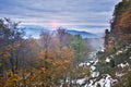 Autumn sunrise with mist in Biely Kamen mountain in Vtacnik Royalty Free Stock Photo
