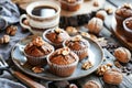 Autumn Morning Breakfast Table Featuring Freshly Baked Pecan Muffins and Steaming Coffee Royalty Free Stock Photo
